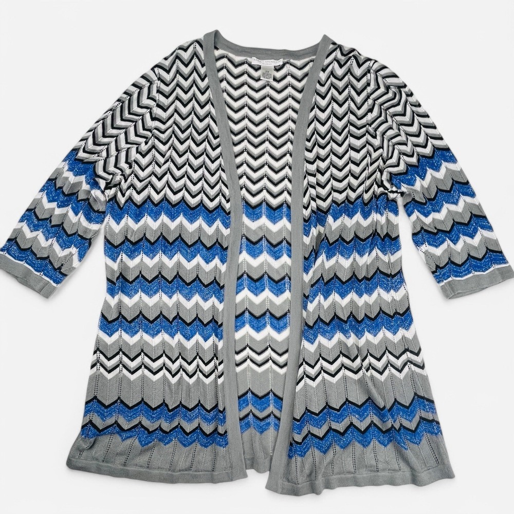 Sarah Spencer Cardigan Womens Plus Sz 2X Blue Gray Chevron 3/4 sleeve Open Front